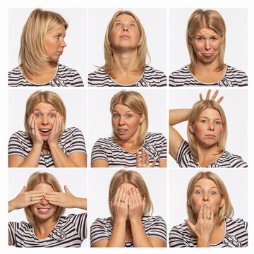 A set of images of a young woman with different emotions. Beautiful blonde. White background. Collage. Square format.