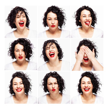 A set of images of a young woman with different emotions. Beautiful bright brunette. White background. Collage. Square format.