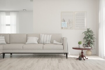 Fototapeta premium White living room with sofa. Scandinavian interior design. 3D illustration