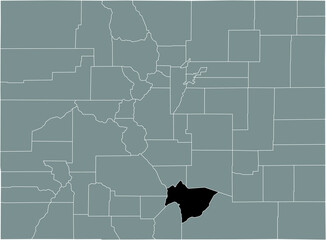 Black highlighted location map of the US Huerfano county inside gray map of the Federal State of Colorado, USA