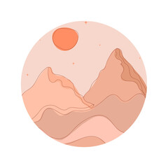 Round abstract landscape. Desert. Boho style. Minimalistic landscape. One line. Trendy print of nature, for logo, sticker, for decor, background, for packaging, for web design.