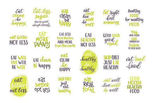 Healthy nutrition. Big set of inspirational quotes. Handwritten motivational lettering.