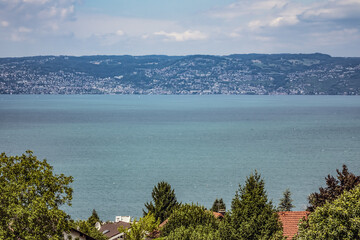 Beautiful France banks of Leman Lake (Lake Geneva) near village Neuvecelle (not far from Evian-les-Bains, east of France). Haute-Savoie department in the Auvergne-Rhone-Alpes region. France.