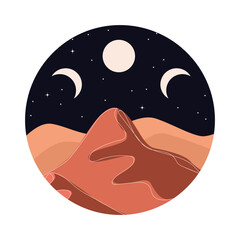 Round abstract landscape. Desert. Boho style. Minimalistic landscape. One line. Trendy print of nature, for logo, sticker, for decor, background, for packaging, for web design.