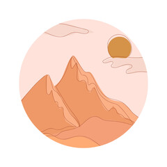 Round abstract landscape. Desert. Boho style. Minimalistic landscape. One line. Trendy print of nature, for logo, sticker, for decor, background, for packaging, for web design.