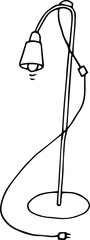 Contour drawing of an interior lamp. Floor lamp. A tall lamp with a long cord. Symbol. Linear art. Doodling. Vector graphics.