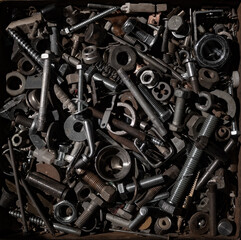 Tin box with metal tools. Contents - screws, bolts, nails.