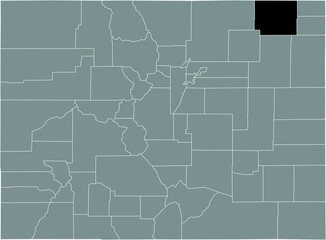 Black highlighted location map of the US Logan county inside gray map of the Federal State of Colorado, USA