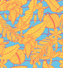 Seamless hand drawn tropical vector pattern with bright flowers, exotic palm leaves and red stripes on blue background.