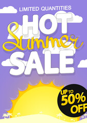 Hot Summer Sale up to 50% off, poster design template, season best offer, discount banner, vector illustration