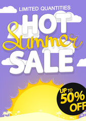 Obraz premium Hot Summer Sale up to 50% off, poster design template, season best offer, discount banner, vector illustration