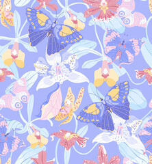 Fototapeta premium Seamless vector illustration with beautiful tropical orchids, leaves and butterflies on a violet background. For decorating textiles, packaging, wallpaper.
