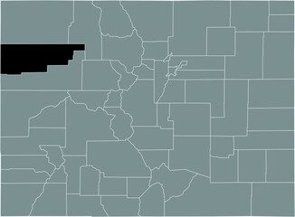 Black highlighted location map of the US Rio Blanco county inside gray map of the Federal State of Colorado, USA