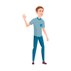caucasian young man waving hand and welcome friend on street cartoon vector. caucasian young man waving hand and welcome friend on street character. isolated flat cartoon illustration