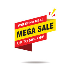 Simple Weekend Deal Mega Sale Banner Isolated on White Background Design, Mega Sale Advertisement with Red and Yellow Color Template Vector