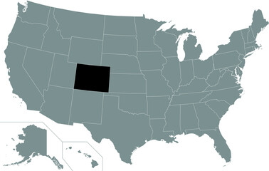 Black highlighted location map of the US Federal State of Colorado inside gray map of the United States of America