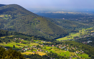 Panoramic view of Beskidy Mountains surrounding Miedzybrodzkie Lake and Porabka town seen from Gora Zar mountain near Zywiec in Silesia region of Poland