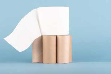 A roll of toilet paper on cardboard toilet paper rolls.