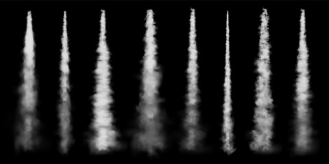 Realistic airplane condensation trails. Space rocket launch. Missile or bullet trail. Jet aircraft tracks. White smoke clouds, fog. Steam flow. Vector illustration.