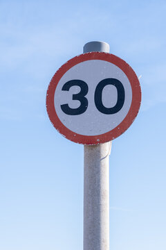 red circular 30mph speed limit sign New Brighton Wirral May 2021