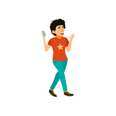 young man listen dance music on phone and walk in park cartoon vector. young man listen dance music on phone and walk in park character. isolated flat cartoon illustration