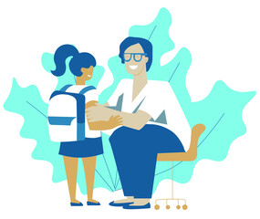 Adult preparing young girl for school activity. Vector flat illustration. Back to school concept. Young pupil with backpack and caring parent or teacher