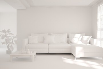 White minimalist living room with sofa. Scandinavian interior design. 3D illustration