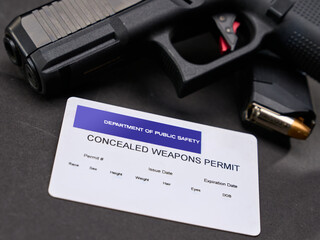Concealed Weapons Permit with Handgun and Magazine on table
