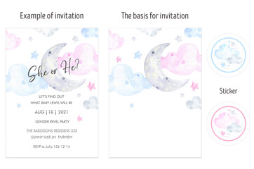 Boy or Girl invitation card layout watercolor. Gender reveal party Invitations card pink and blue, moon, clouds, sky, stars, Welcome Baby; Hello Girl; Hello Boy, baby shower, hello world, new parents. - obrazy, fototapety, plakaty