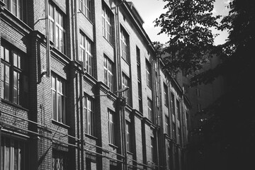 building in the city in black and white