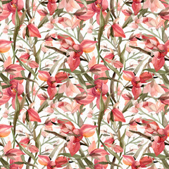 Watercolor summer botanical seamless pattern with abstract elegant pink /red flowers and green leaves on white background