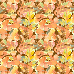 Autumn colors  watercolor seamless pattern with abstract yellow and orange flowers on brown background, hand-drawn illustration
