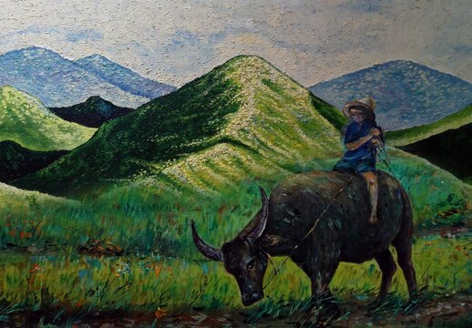   Art painting Oil color Hut northeast Thailand Countryside , buffalo , mountain