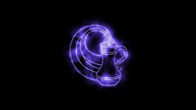 The Aquarius zodiac symbol animation, horoscope sign lighting effect purple neon glow. Royalty high-quality free stock of Aquarius isolated on black background. Horoscope, astrology icons motion