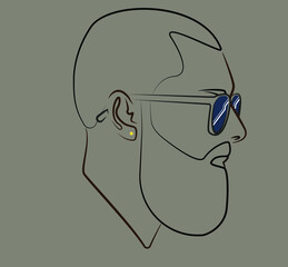 Portrait. Silhouette of a male head. Black bearded man. Black guy in sunglasses. Flat illustration of a face. Head icon. Male face avatar. Linear head. Bearded guy.