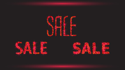 Vector set of realistic shining red glitter sale icons. Sale banner luxury design. Sparkling isolated text template on a black background.