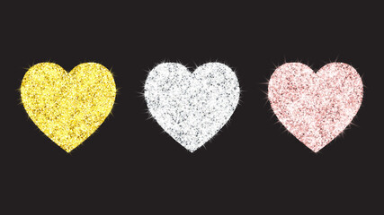 Set of 3 glitter hearts. Gold, rose gold, silver high resolution heart shapes. Shining design elements isolated on a black background. Vector illustration.