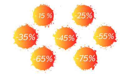 Vector set of vibrant gradient splatter sale icons 15%, 25%, 35%, 45%, 55%, 65%, 75% off. Discount blots tags, colorful special offer labels. Isolated splash signs for design template.