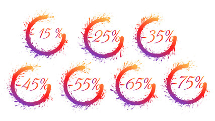 Vector set of vibrant gradient splatter sale icons 15%, 25%, 35%, 45%, 55%, 65%, 75% off. Discount blots tags, colorful special offer labels. Isolated splash signs for design template.