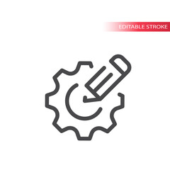 Cogwheel or gear with pencil line vector icon. Settings or edit symbol, editable stroke.