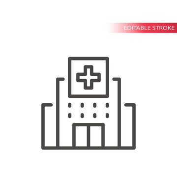 Hospital Building With Medical Cross Icon. Thin Line Vector, Editable Stroke.