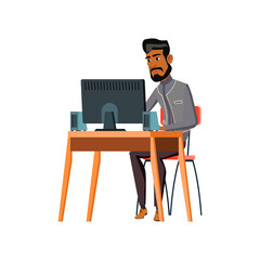 hispanic bearded guy reading electronic book on computer cartoon vector. hispanic bearded guy reading electronic book on computer character. isolated flat cartoon illustration