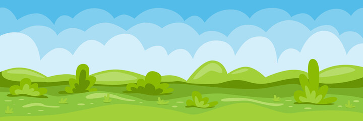 Landscape. Summer background with cloudy blue skies, green hills and grass. Vector illustration, cartoon background