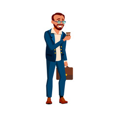 happy man team leader holding suitcase and drink coffee with employees outdoor cartoon vector. happy man team leader holding suitcase and drink coffee with employees outdoor character. isolated flat
