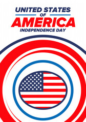 Independence Day in United States of America. The Fourth of July. Happy national holiday, celebrated annual in July 4. American flag. Country freedom day. Patriotic event design. Vector poster