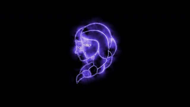 The Gemini zodiac symbol animation, horoscope sign lighting effect purple neon glow. Royalty high-quality free stock of gemini isolated on black background. Horoscope, astrology icons motion