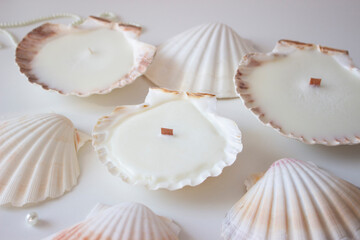 Candles shells rapan. Soy wax, wood and cotton wick. Cozy relaxing atmosphere. Hygge. Noble white color. Interior decor. Home, comfort.