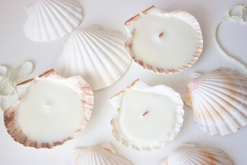 Candles shells rapan. Soy wax, wood and cotton wick. Cozy relaxing atmosphere. Hygge. Noble white color. Interior decor. Home, comfort.