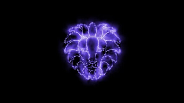 The Leo zodiac symbol animation, horoscope sign lighting effect purple neon glow. Royalty high-quality free stock of Leo isolated on black background. Horoscope, astrology icons motion