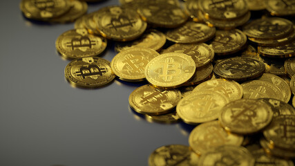 A lot of bitcoin crypto currency gold btc bit coin. Closeup shot of a pile of bitcoin coins isolated on black background. Blockchain technology, bitcoin mining concept. 3d rendering.